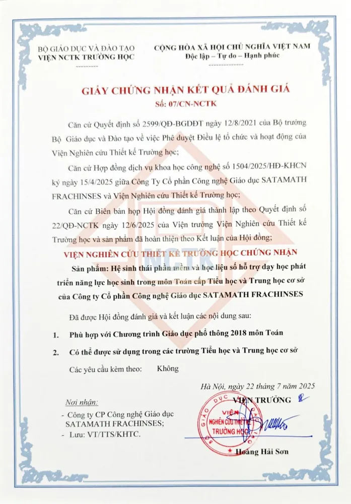 Giấy chứng nhận kết quả đánh giá số 07/CN-NCTK, ngày 22/7/2025